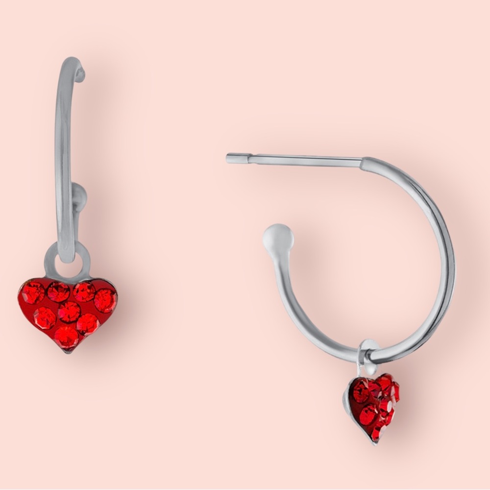 Red Crystal Heart Dangle Hoop Earrings in Sterling Silver New